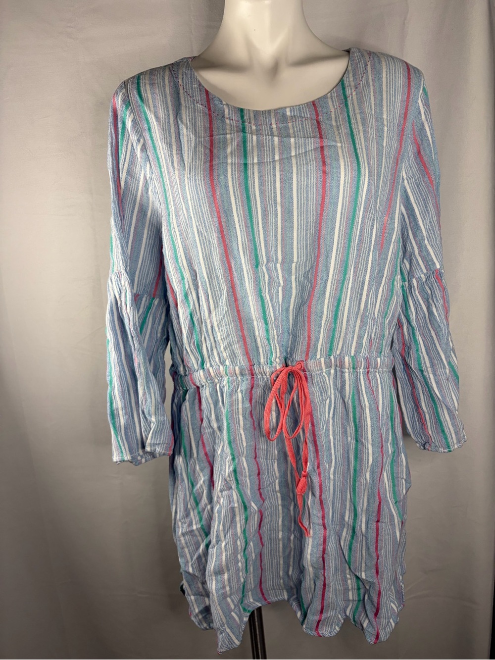 Hatley Striped Long-Sleeve Drawstring Tunic Dress in Blue and Coral